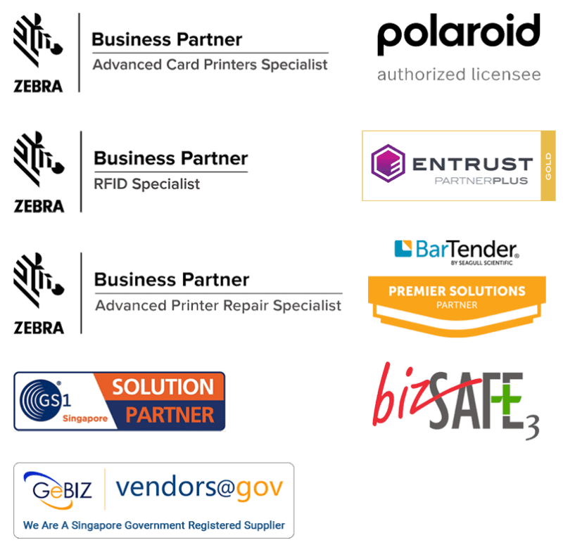 Collage of partner logos and badges including Zebra Business Partner designs and various certification marks Polaroid ENTRUST Premier Solutions GS1 BizSAFE GeBIZ