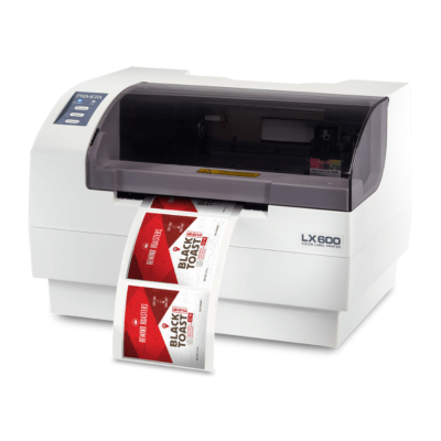 Primera lx610 label printer capable of producing custom-shaped labels with built-in cutter.