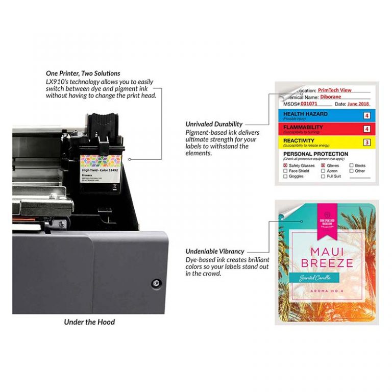 Primera LX910 industrial label printer with water- and UV-resistant pigment ink output
