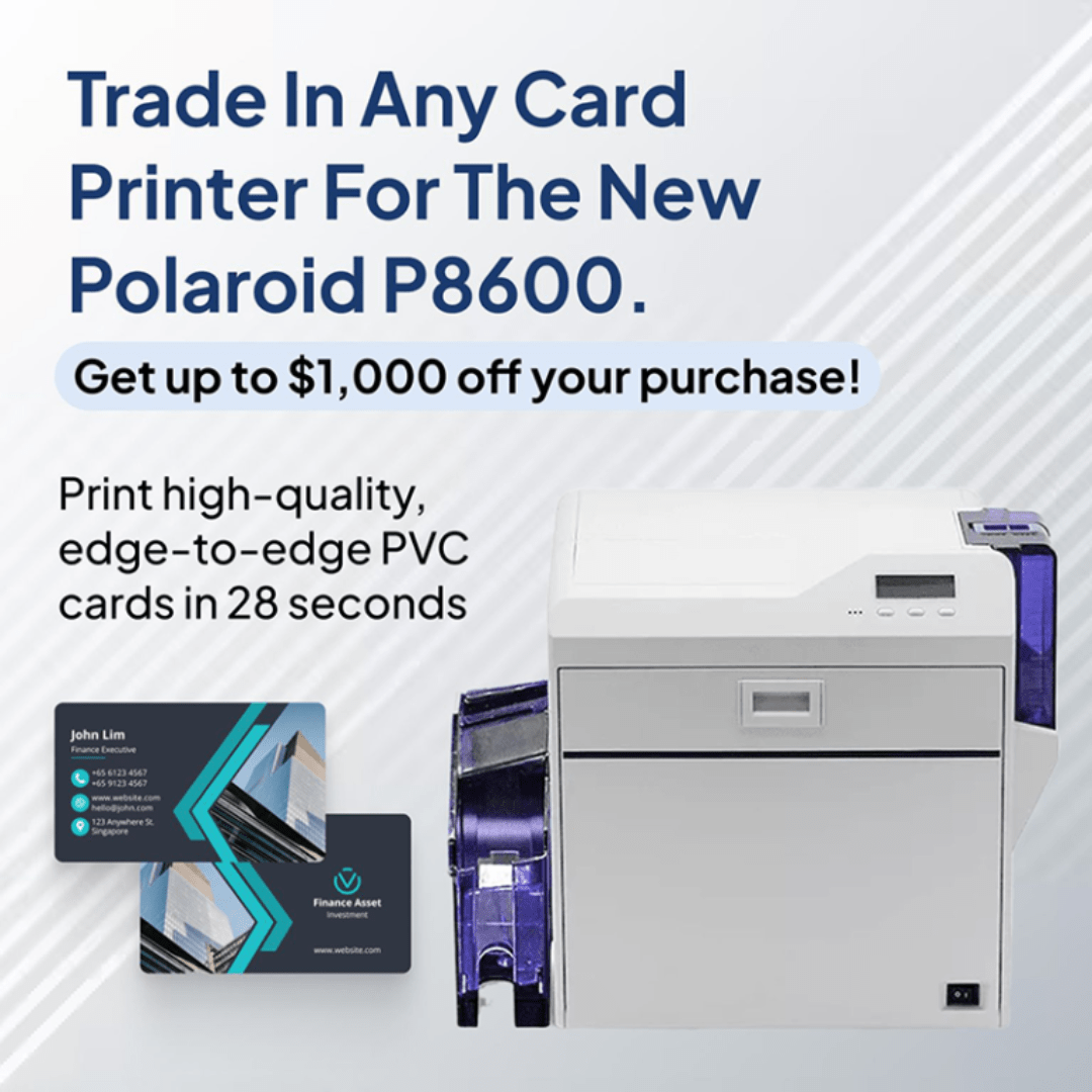 Side angle of Polaroid P8600 retransfer printer showcasing its compact industrial design.