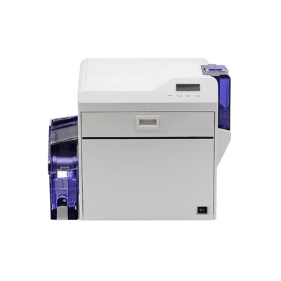 Polaroid p8600 retransfer card printer front view showing full-color edge-to-edge card printing capability.