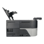 Side view of the polaroid p900 card printer with the cover open, showing dual-sided printing mechanism.