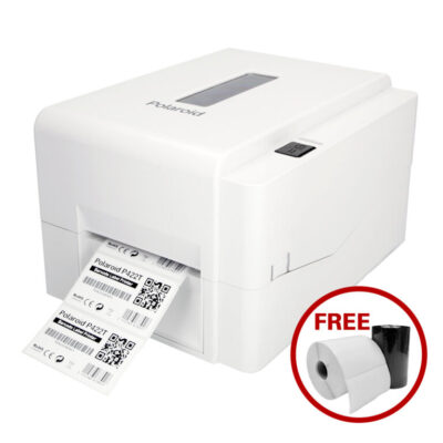 Front view of polaroid p422t barcode label printer showcasing compact design and user-friendly interface