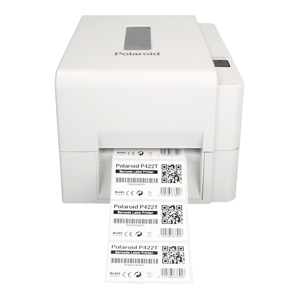 Polaroid P422T Barcode Label Printer accompanied by free supplies including labels and ribbon