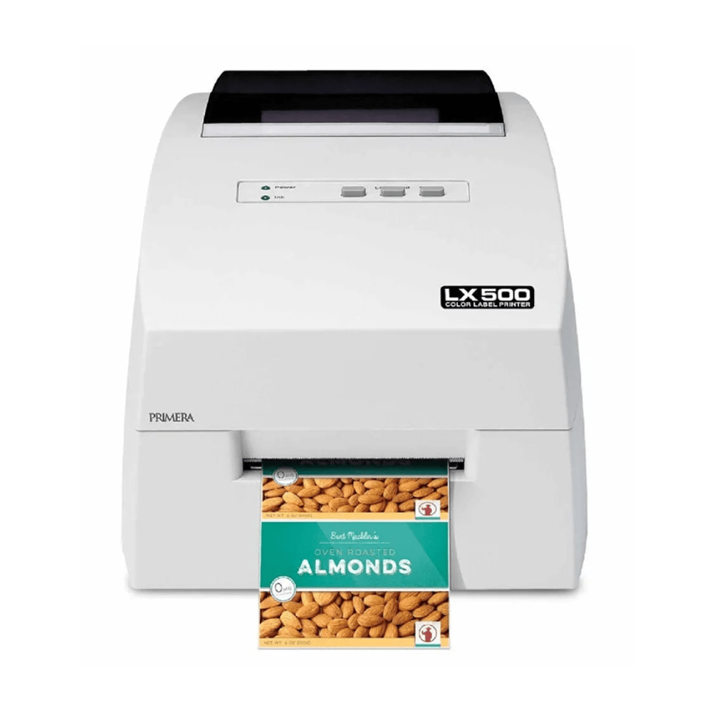 Primera LX500c color label printer with dye-based inks for vibrant full-color labels.
