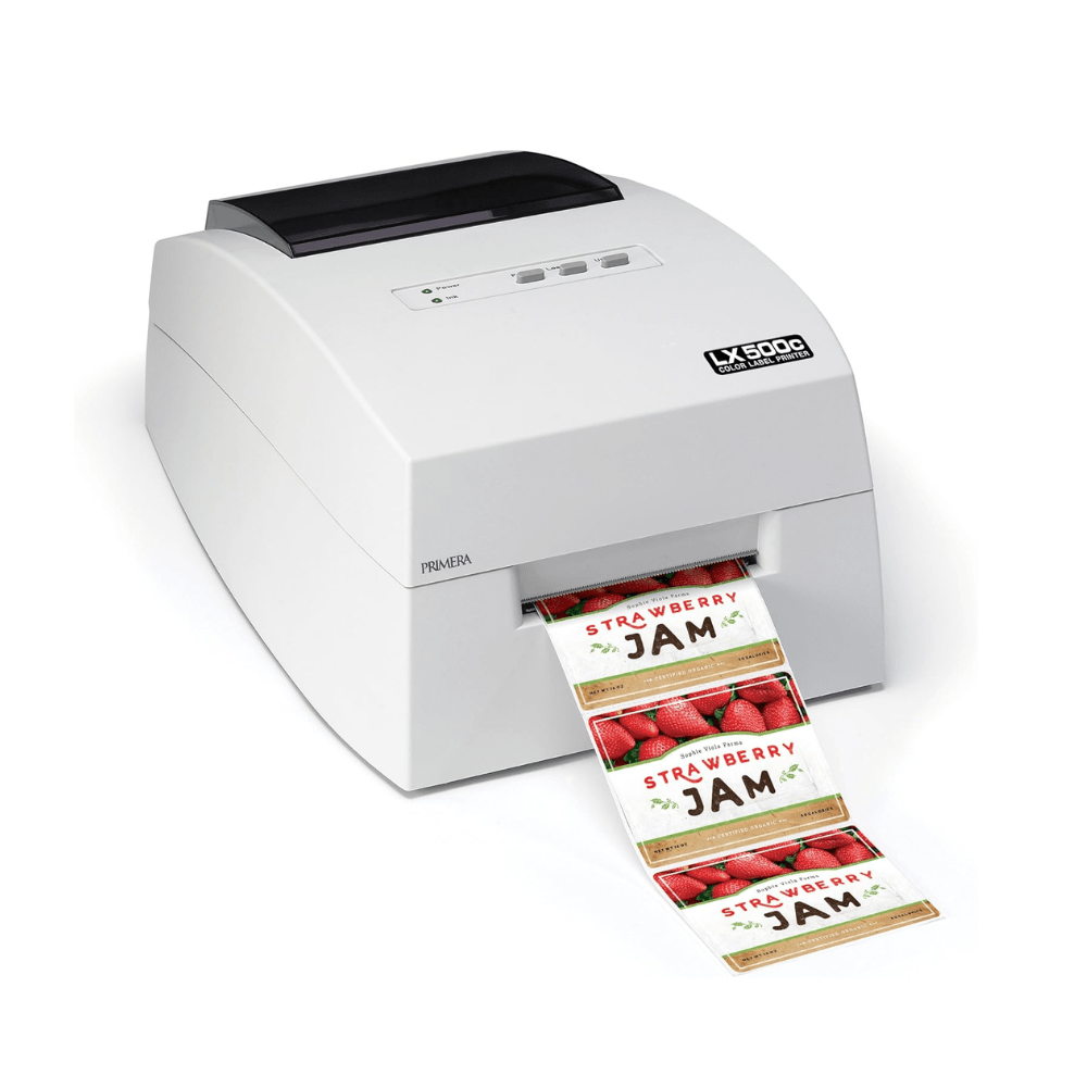 Primera LX500c high-resolution label printer offering up to 4800 dpi for detailed label printing.