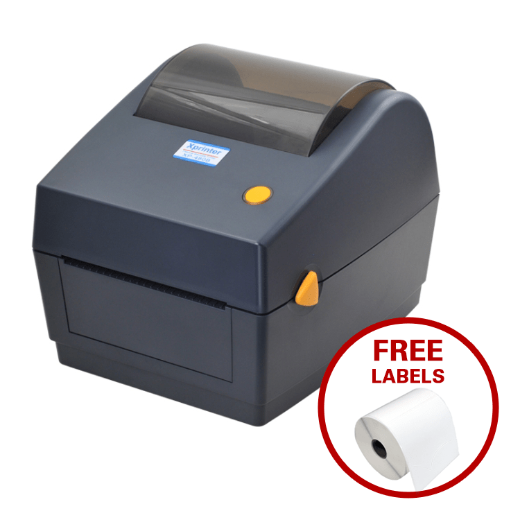 Xprinter DT427B 4-inch direct thermal printer with ABS housing, includes free label rolls.