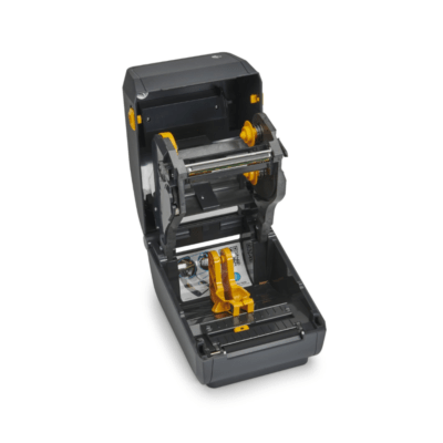 Zebra zd421t desktop printer featuring usb, ethernet, and bluetooth connectivity options.