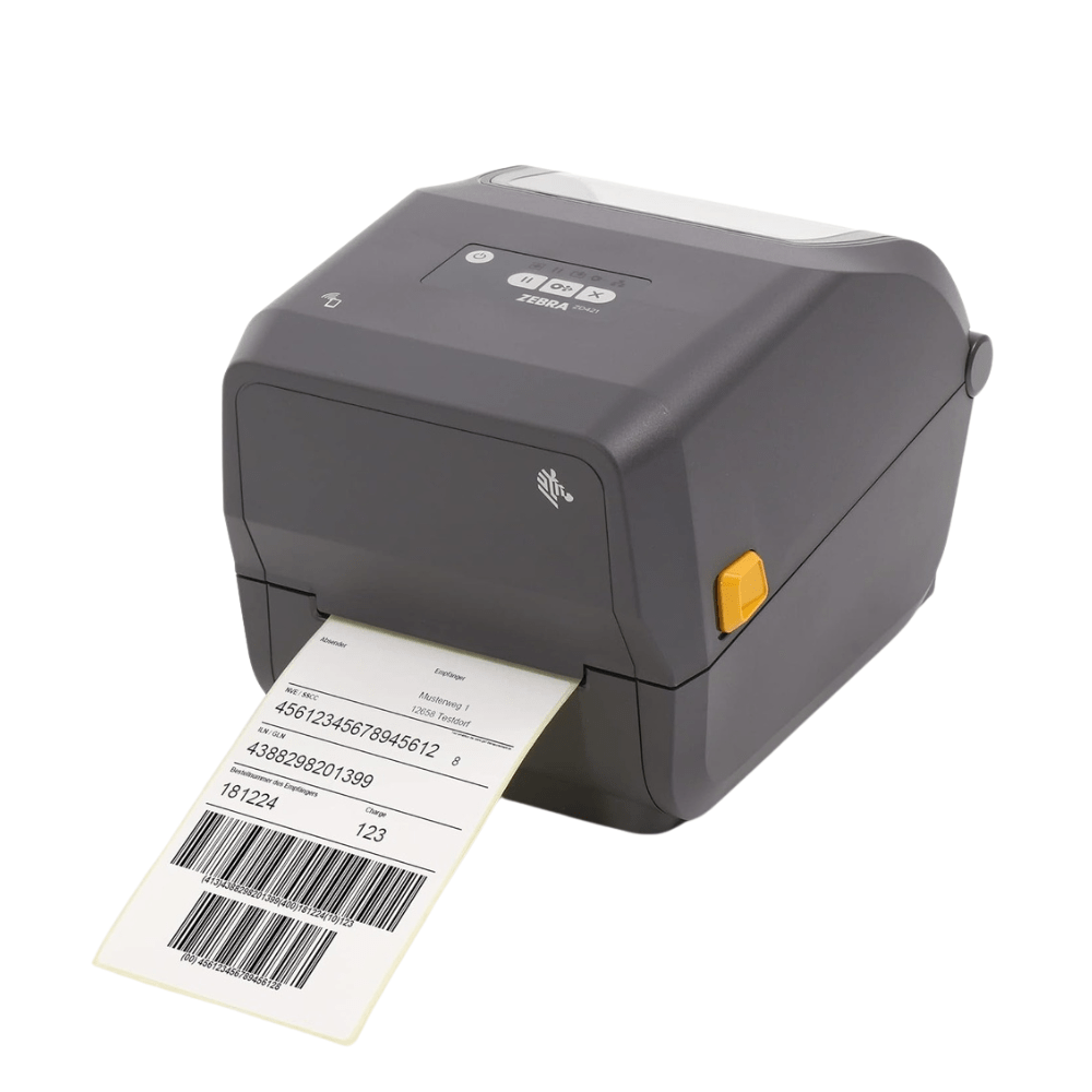Zebra ZD421T 4-inch thermal transfer label printer with 203 dpi resolution.