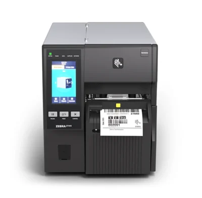 Front view of zebra zt411 industrial printer showing control panel layout and media path