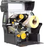 Side profile of zebra zt411 industrial printer highlighting connectivity ports and bi-fold media cover