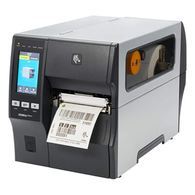 Front view of zebra zt411 industrial label printer showcasing its 4. 3-inch color touchscreen and durable metal frame.