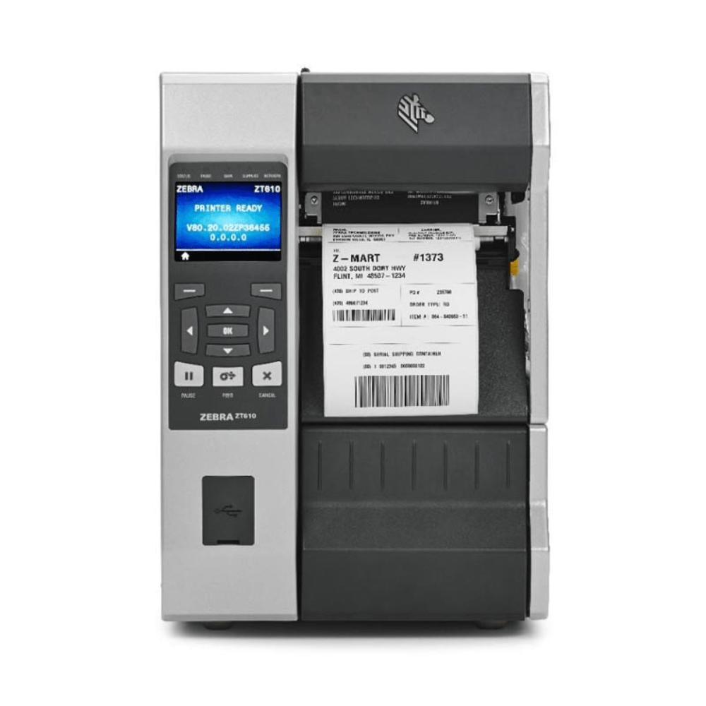 Zebra ZT610 4-inch thermal transfer printer equipped with RFID capabilities.