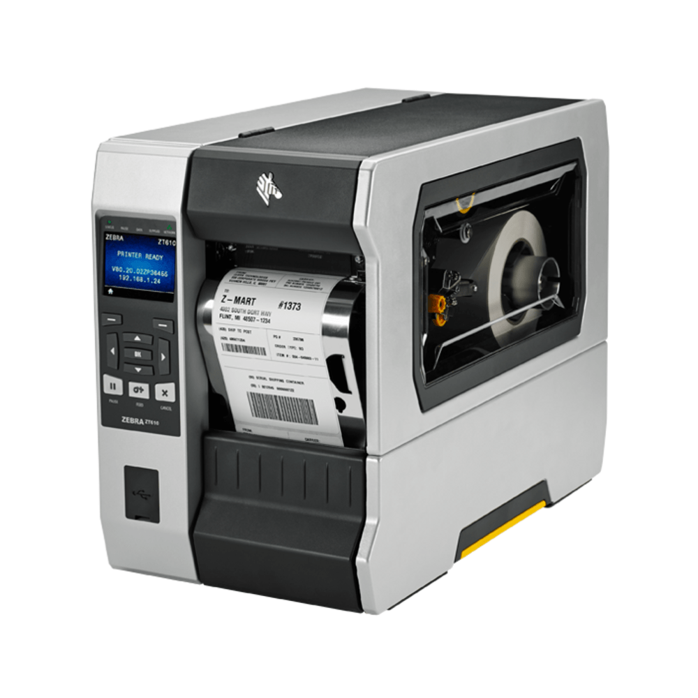 Zebra ZT610 industrial label printer with thermal transfer technology.