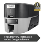 Polaroid p900 card printer front-left angle showcasing its compact design and user-friendly interface