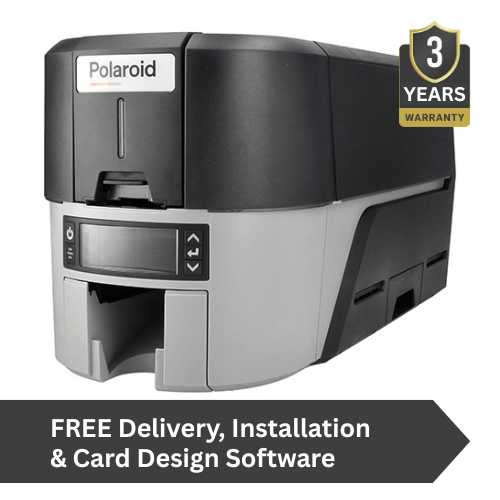Polaroid P900 Card Printer front-left angle showcasing its compact design and user-friendly interface