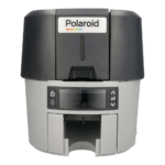 Direct front view of the polaroid p900 card printer featuring its output slot and led indicators