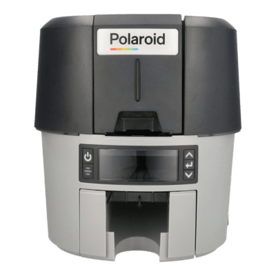 Direct front view of the polaroid p900 card printer featuring its output slot and led indicators