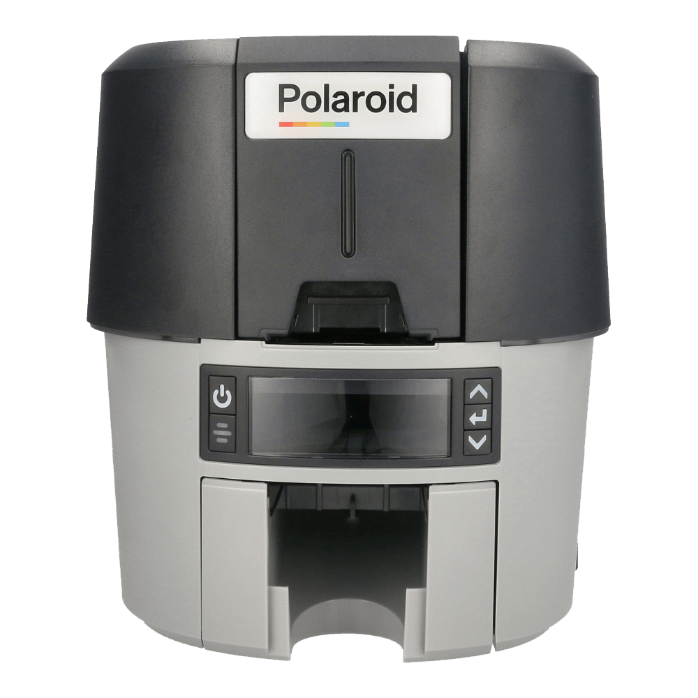 Direct front view of the Polaroid P900 Card Printer featuring its output slot and LED indicators