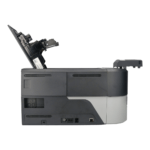Side profile of the polaroid p900 card printer illustrating its connectivity ports and ventilation