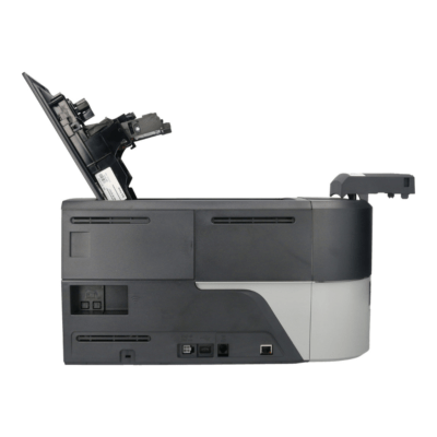 Side profile of the polaroid p900 card printer illustrating its connectivity ports and ventilation