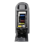 Overhead view of the polaroid p900 card printer highlighting the top control panel, card input slot, and compact footprint