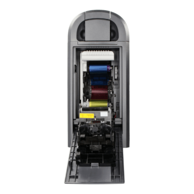 Overhead view of the polaroid p900 card printer highlighting the top control panel, card input slot, and compact footprint