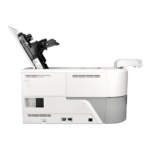 Polaroid p200 card printer with top cover open, showing single-sided ymckt ribbon installed.