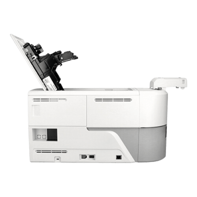 Polaroid p200 card printer with top cover open, showing single-sided ymckt ribbon installed.