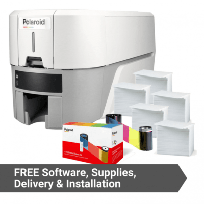 Polaroid p200 card printer bundle with free pvc blank cards and color ribbon supplies.