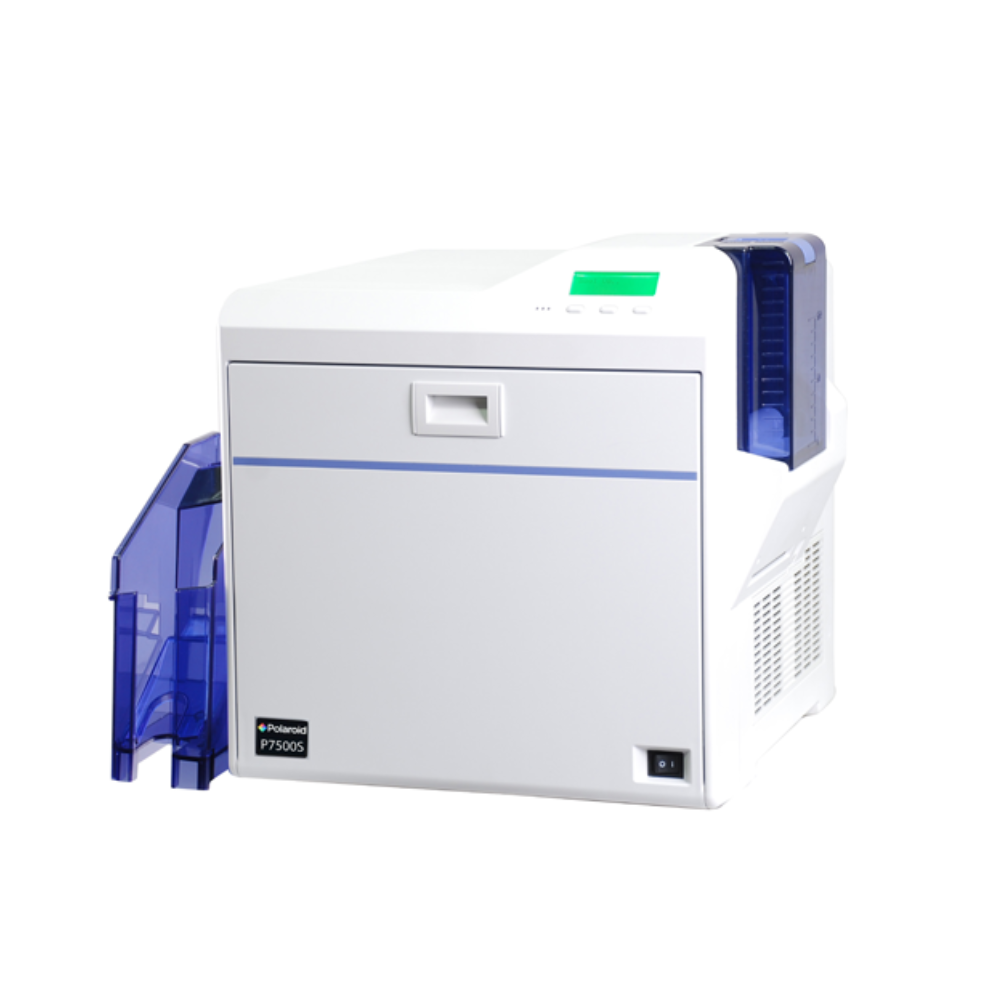 Front view of Polaroid P7500S Retransfer Card Printer showcasing its compact design and user-friendly interface.