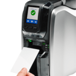 Zebra zc300 printing full-color id cards with professional edge-to-edge finish and sharp detail.