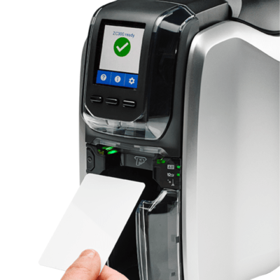 Zebra zc300 printing full-color id cards with professional edge-to-edge finish and sharp detail.
