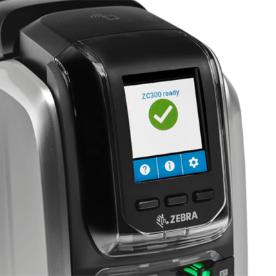 Zebra zc300 card printer featuring led indicators and an intuitive color lcd interface for simplified operation.