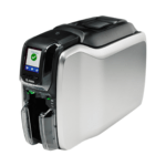 Zebra zc300 id card printer printing high-quality single-sided ea cards with vibrant color output.