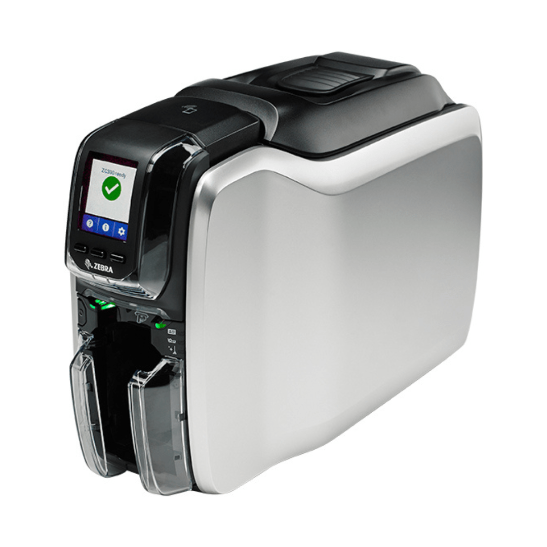 Zebra ZC300 ID Card Printer printing high-quality single-sided EA cards with vibrant color output.