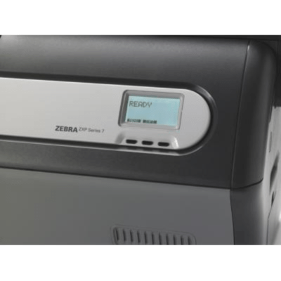 Close-up of zebra zxp series 7 printer’s led display screen showing system status and printer options.
