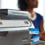 Zebra zxp series 7 card printer operating in an office with visible cartridges and id card output