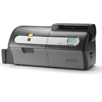 Front view of zebra zxp series 7 single-sided card printer featuring its rugged build and lcd panel