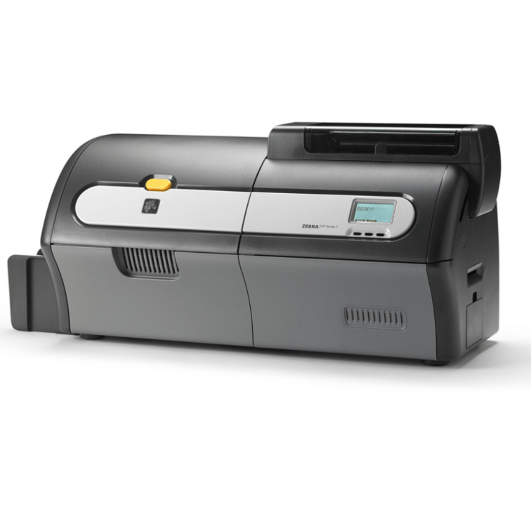 Front view of Zebra ZXP Series 7 single-sided card printer featuring its rugged build and LCD panel