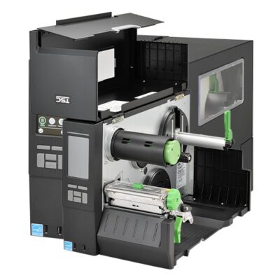 Tsc mb241t industrial printer with bifold media door for space-saving design.