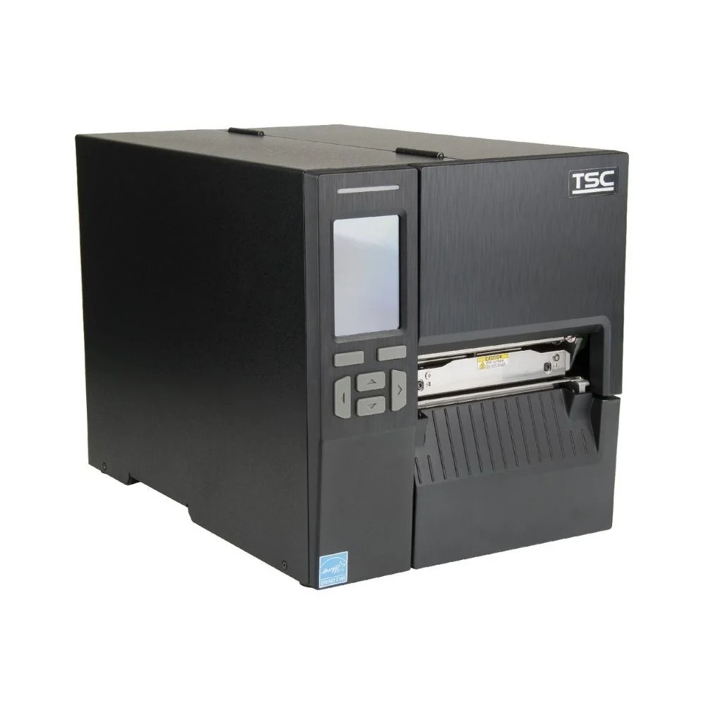 TSC MB340T industrial label printer with 300 dpi resolution and color touch LCD.