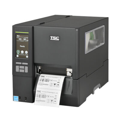 Tsc mh241t rugged industrial barcode printer with metal frame for factory environments.