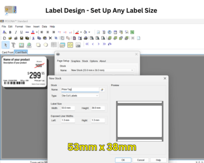 Add barcode, qr code, and text on label in pesona software