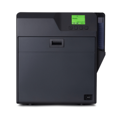 Compact label printer with a green Ready LCD display on the top right and a partially extended roll on the side front loading slot and a bottom power switch visible