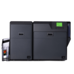 Large dark grey office printer with two paper trays and a green display screen on the right side including a side input tray with colored papers