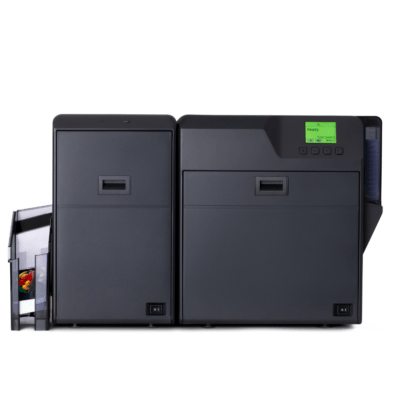 Large dark grey office printer with two paper trays and a green display screen on the right side including a side input tray with colored papers