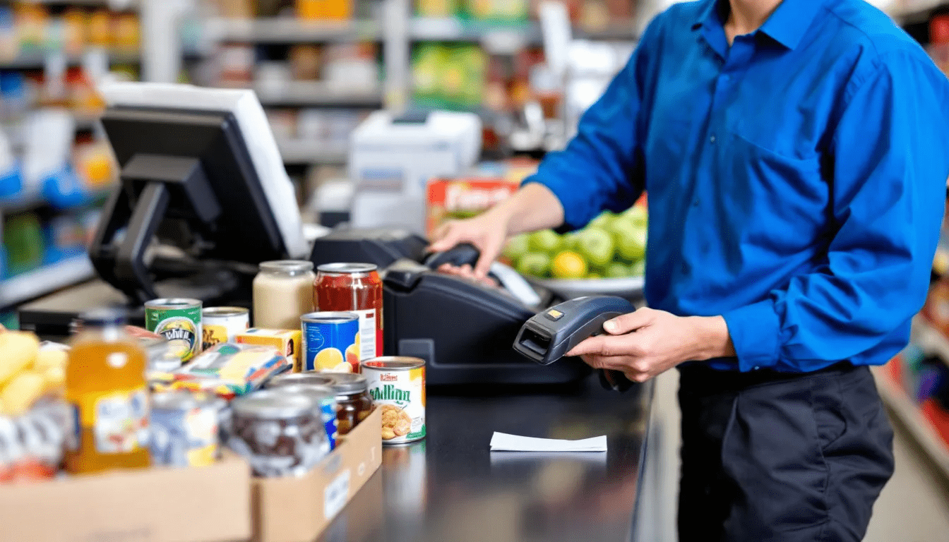 A retail worker using a barcode scanner