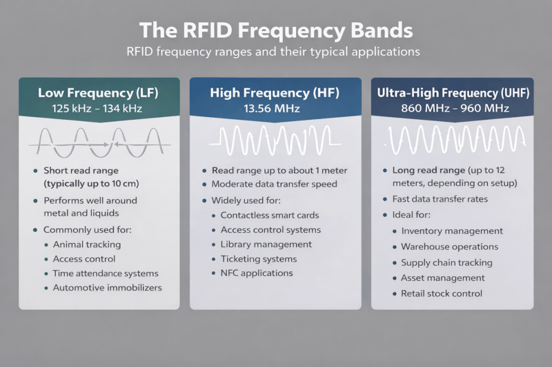 Diagram showing rfid frequency bands and their applications