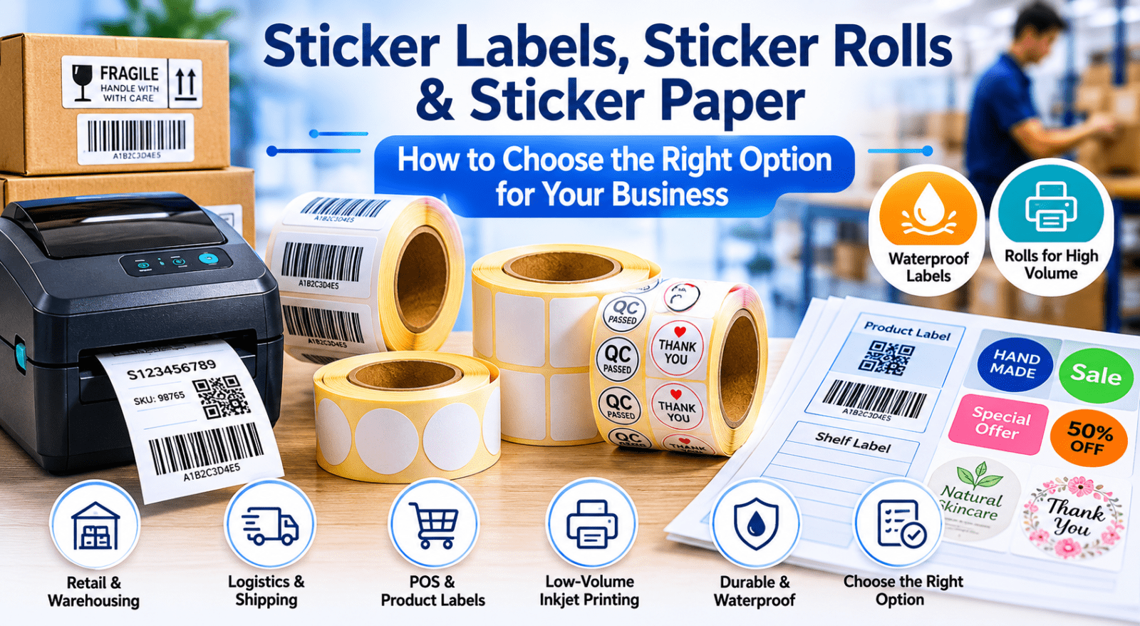 Sticker labels, sticker rolls and sticker paper guide for business labelling and barcode printing